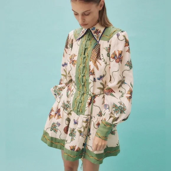 Alemais | Dresses | Alemais Floral Mini Dress Green And Cream | Poshmark